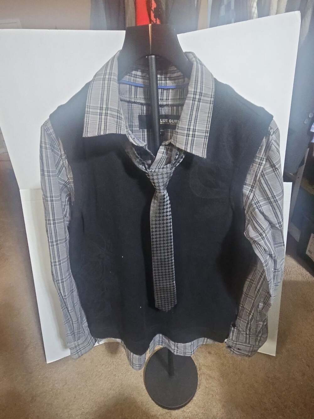 Blue Guru Plaid Shirt Vest And Tie Set Size S Grey Black